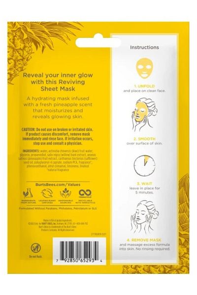 Burt's Bees Reviving Pineapple Sheet Face Mask, 1 single use sheet mask