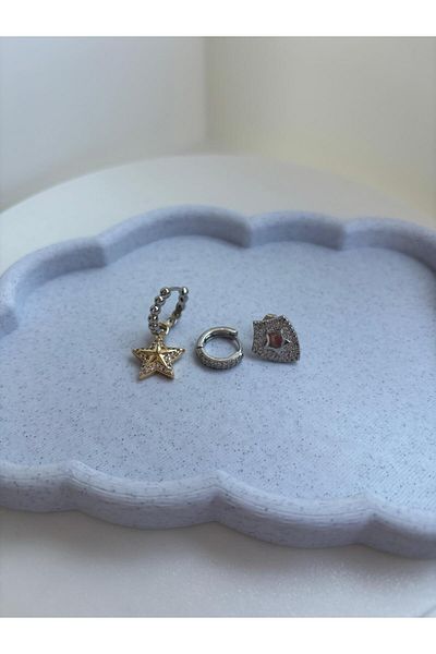 D&B Two Color Star Detailed 3-Piece Steel Earring Set