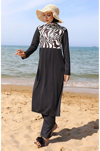 sefamerve Gemusterter Hijab-Badeanzug mit Reißverschluss 2507-01 Schwarz Weiß