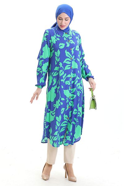 sefamerve Full Buttoned Long Tunic 0095-03 Saks Green