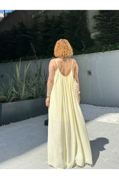 Bak'ap Premium Perry %100 Pamuk Uçuş Uçuş Astarlı İnce Askılı Uzun Bohem Elbise