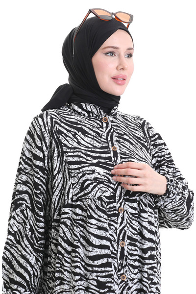 sefamerve Φόρεμα με μοτίβο με μισό κουμπί 2070-02 Μαύρο Λευκό