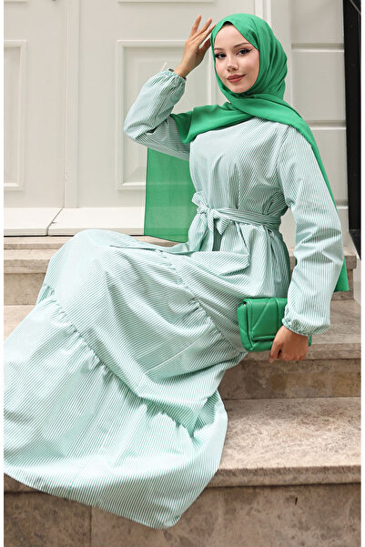 sefamerve Terikoton Çizgili Kuşaklı Elbise 0101-02 Yeşil