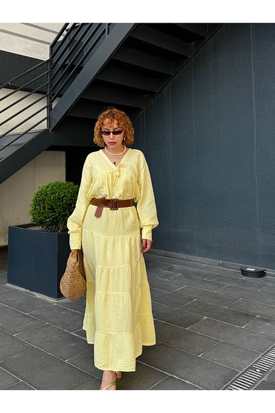 Bak'ap Premium Butter Yellow Yellow Muslin Ruffle Blouse-Layered Long Skirt Double Set