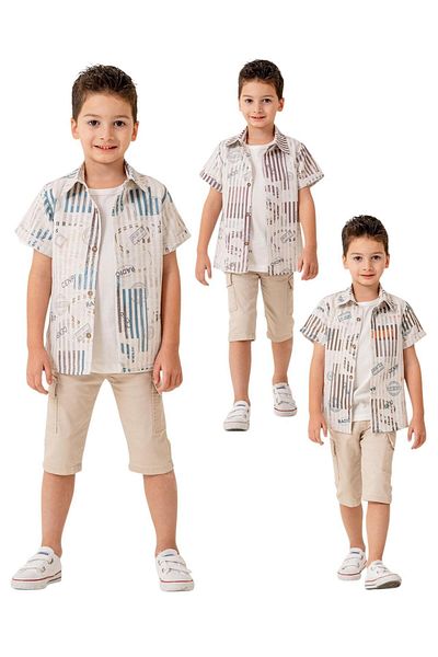 XORVİO Boys Short Sleeve Shirt Cotton T-Shirt Linen Shorts 3 Piece Set