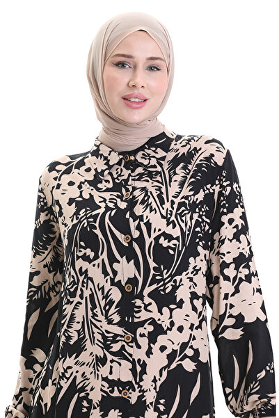 sefamerve Boydan Düğmeli Desenli Uzun Tunik 0094-04 Siyah Vizon