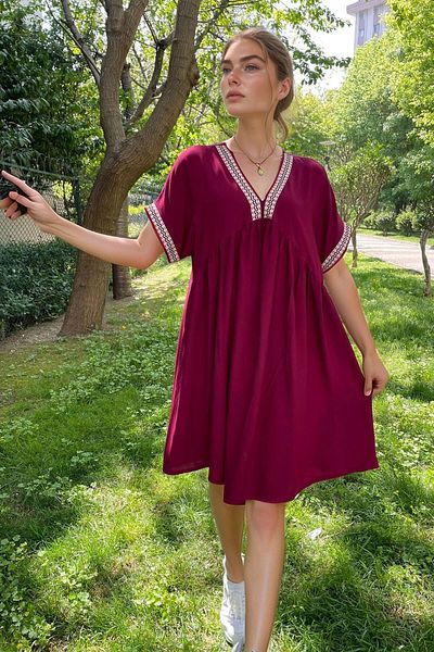 bacc Burgundy Embroidery Border Detailed Comfortable Fit Viscon Woven Dress Bcvl-2530000