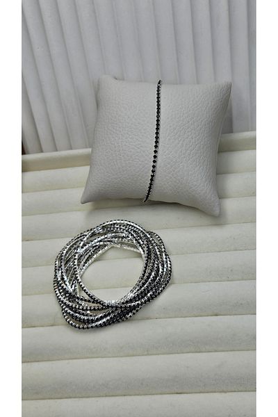 AURA Zircon Stone Rubberized Waterway Bracelet Black & Silver
