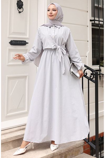 sefamerve Terikoton Half Button Striped Dress 0102-02 Gray