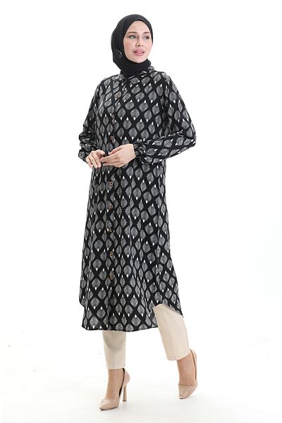 sefamerve Full Buttoned Long Tunic 0092-02 Black White