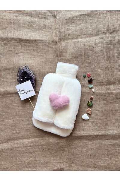 TREND COLOR Hot Water Bag White Plush with Pink Heart and I Love You Note Together 2 Liters
