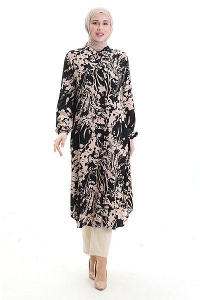 sefamerve Full Button Patterned Long Tunic 0094-04 Black Mink