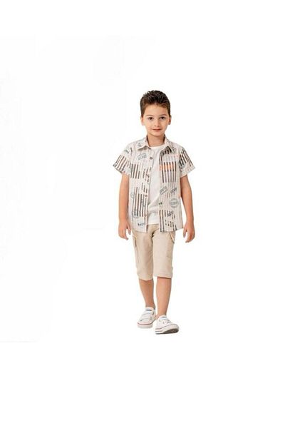 XORVİO Boys Short Sleeve Shirt Cotton T-Shirt Linen Shorts 3 Piece Set