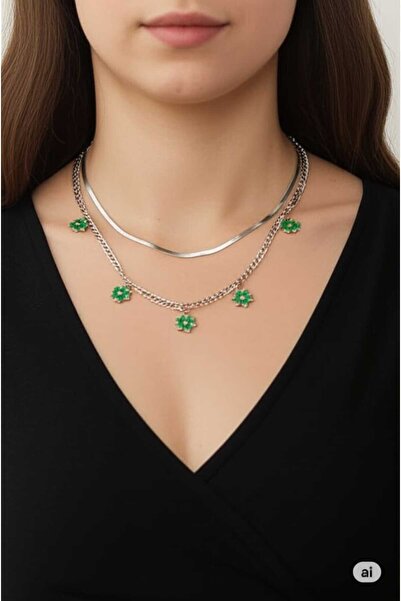 CLOVER JEWELRY قلادة مزدوجة بسلسلة إيطالية – مزينة بزهرة خضراء