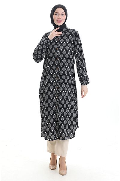 sefamerve Full Buttoned Long Tunic 0092-02 Black White