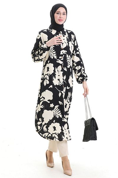 sefamerve Full Buttoned Long Tunic 0095-04 Black Beige