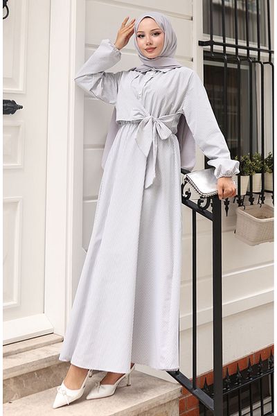 sefamerve Terikoton Half Button Striped Dress 0102-02 Gray