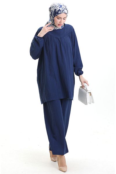 sefamerve Tunic Trousers with Elastic Sleeves Double Set 0103-04 Indigo