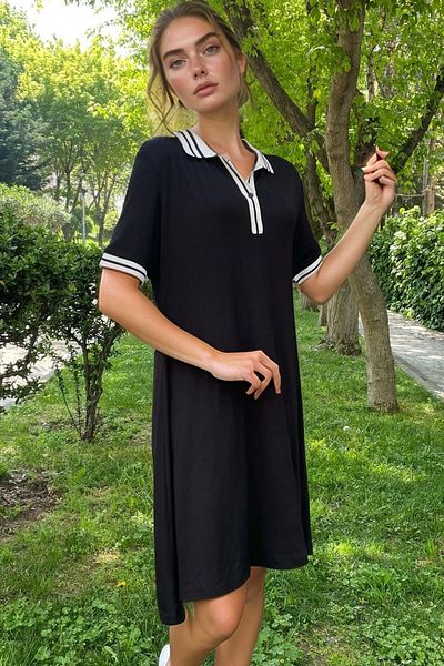 bacc Black Polo Neck Rib Stripe Comfortable Fit Viscon Dress Bcvl-2530001