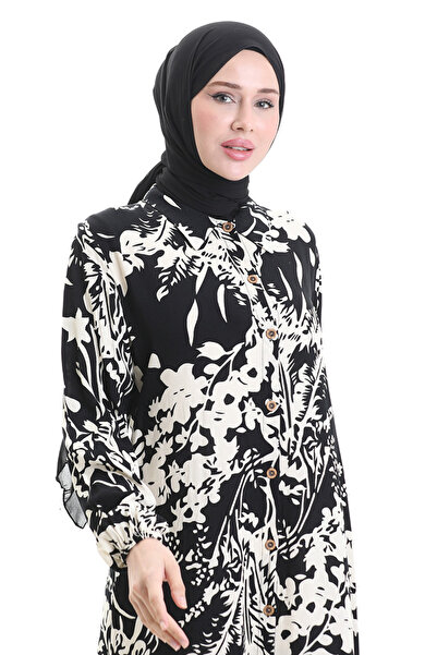 sefamerve Boydan Düğmeli Desenli Uzun Tunik 0094-01 Siyah Bej