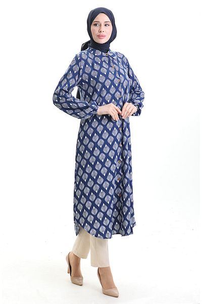 sefamerve Full Buttoned Long Tunic 0092-03 Navy Blue