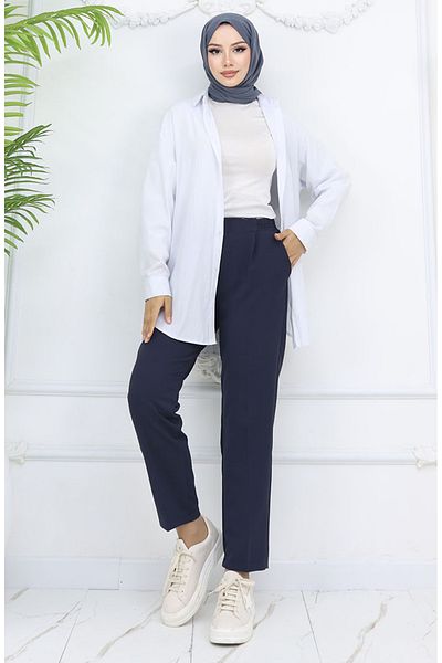 sefamerve Pantaloni de morcov cu talie elastică 4002-02 bleumarin