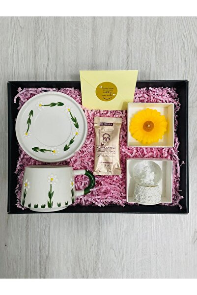 hediport Çiçekli Papatya Seramik Kupa Bardak - Kupa Tabağı - Melek Kar Küresi...