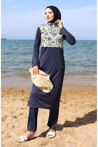 sefamerve Patterned Zippered Hijab Swimsuit 2506-01 Navy Blue Green