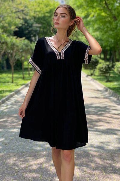 bacc Black Embroidery Border Detail Comfortable Fit Viscon Woven Dress Bcvl-2530000