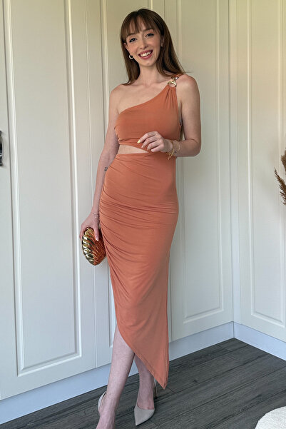 Dilay Gökoğlu Butik Rochie portocalie cu un singur umăr, cu detaliu din țesătură Sandy