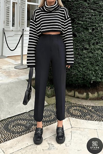 Rift Jeans High Waist Crop Boy Fabric Trousers with Clamp Detail
