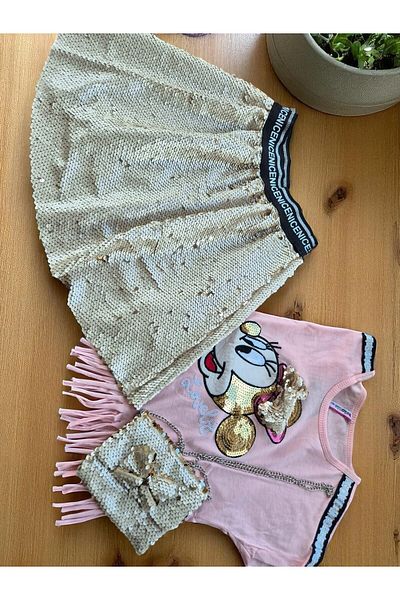 QUB CLUB Girl's Summer Sequin Skirt Bag Set Birthday Party Dress 3 Piece Set