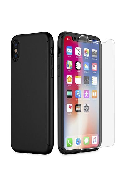 OEM Husa premium 360 de grade pentru iPhone XS MAX, corp complet, neagră, folie de protecție inclusă