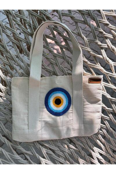 Goshıkı Handmade Evil Eye Patterned Linen Shoulder Bag (White) 26 X 36