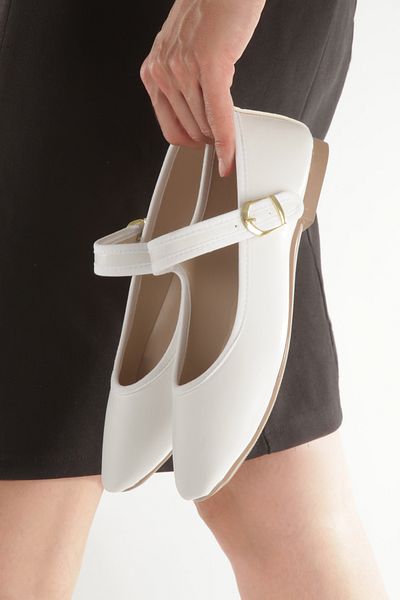 PAYZİN '' Turkan'' White Skin Round Toe Flat Bottomed Helmet Ballerina New Season