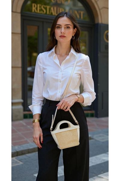 PayBuy Modern Cross Strap Hand and Shoulder Bag with Straw Detail Lightweight Minimal Stylish Design