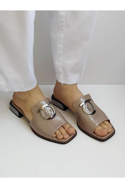 ERS Air Comfort Mink Genuine Shiny Patent Leather Women's Stylish Heeled Slippers with Metal Buckle Heel Detail