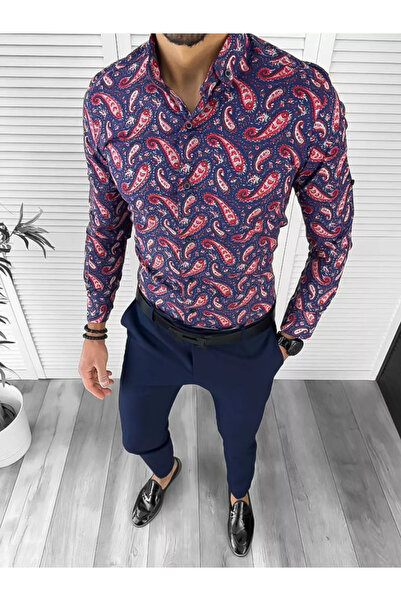 dehaine Men's shirt, elegant, navy blue with print, 13001