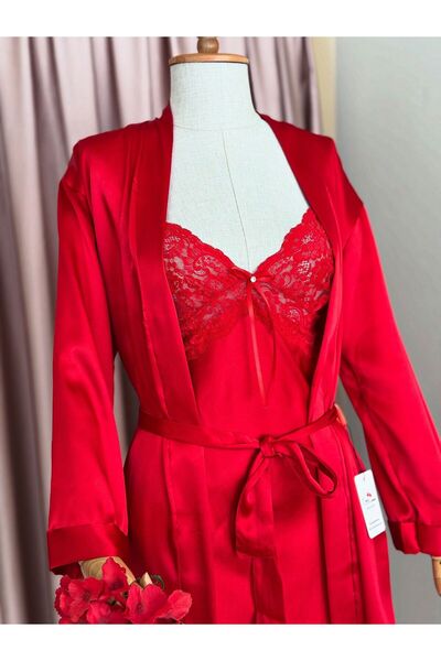 cdh çeyize dair herşey Pera Silk Satin Red Nightgown Dressing Gown Set 6886