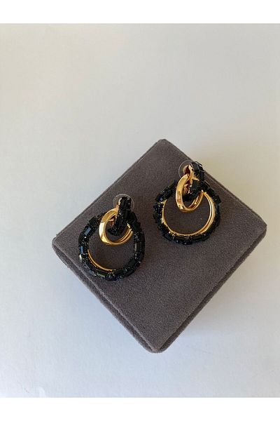 marsel aksesuar Shiny Black Gold Plated Hoop Earrings