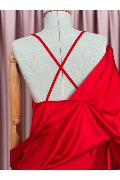 cdh çeyize dair herşey Pera ipek saten kırmızı gecelik sabahlık seti 6886