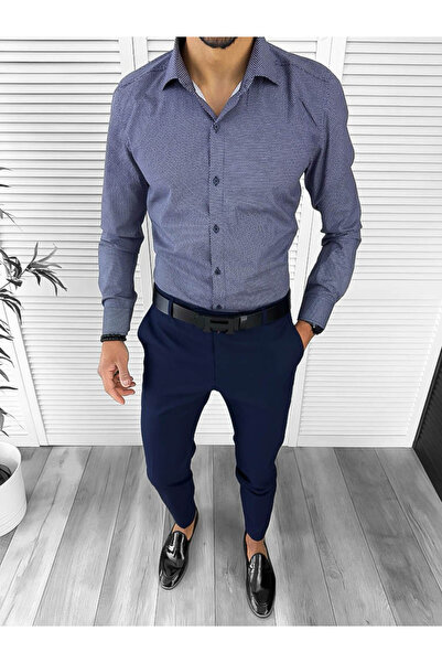 dehaine Men's shirt, elegant, navy blue with print, 13007