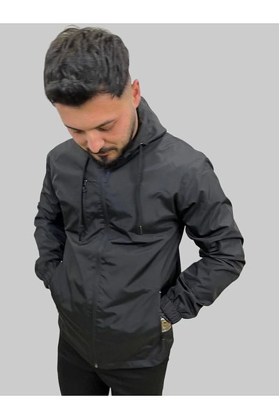 daniel milano Men's Black Raincoat with Hooded Finish Detail