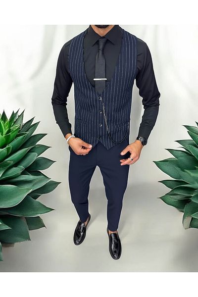 dehaine Men's suit, pants with vest, navy blue with white stripes, 13233