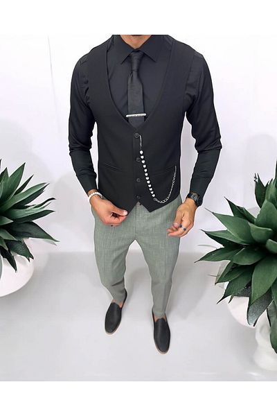 dehaine Men's suit, pants with vest, plain black, 13216