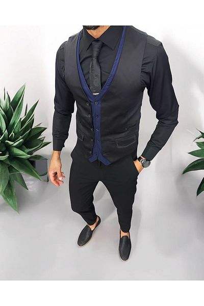dehaine Men's suit, pants with vest, plain black, 13232