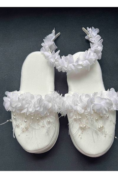Massaltay White Floral Maternity Slippers and Crown Set – Pearl and Feather Detailed