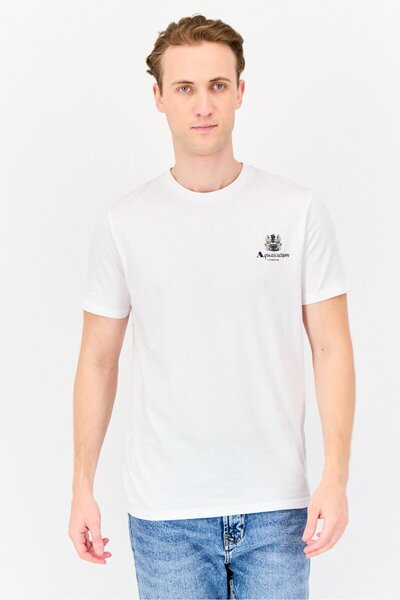 Aquascutum تي شيرت رجالي بشعار العلامة التجارية بأكمام قصيرة ورقبة دائرية، أبيض