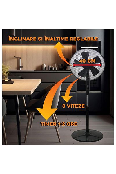 Hausberg Ventilator cu picior Speed, 45W, 40 cm, 3 viteze, timer 1-2 ore, oscilatie, inaltime reglabila, alb
