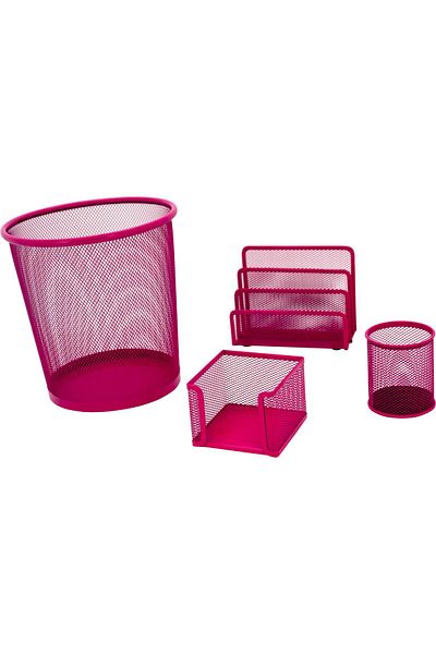 Roco 4-Piece Desk Organizer Set – Pink Mesh Steel with Letter Holder, Trash Can, Pencil Cup & Memo Holder